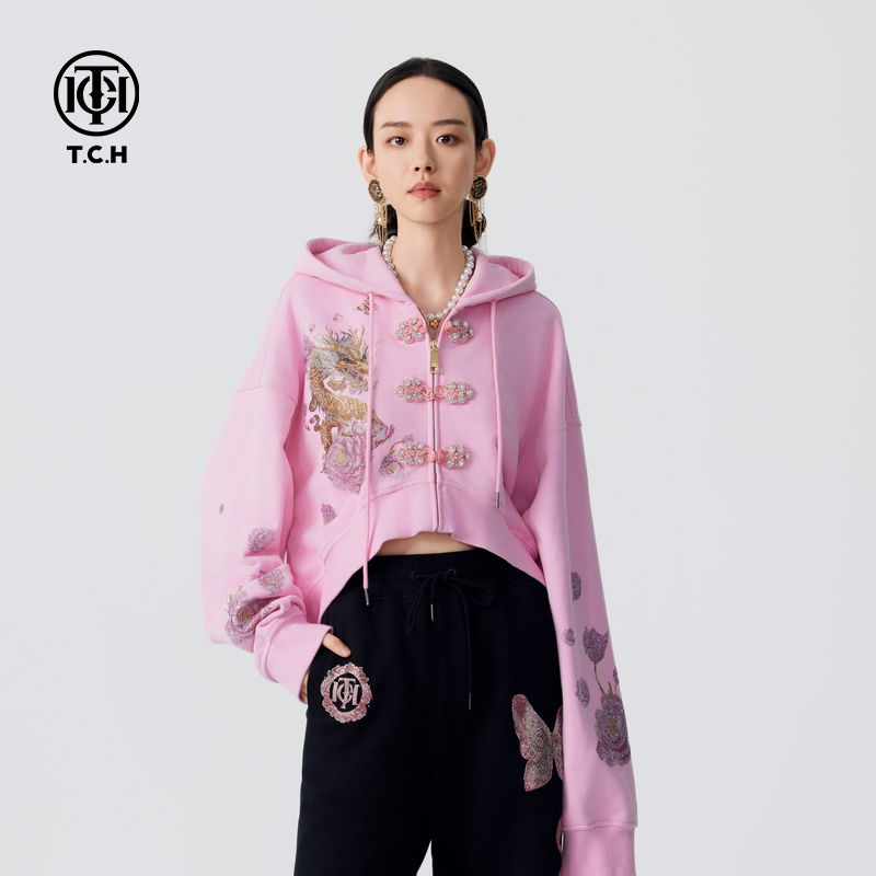 潮牌-TCH25秋冬新款新中式烫钻短款连帽开衫外套拉链衫T72C176017