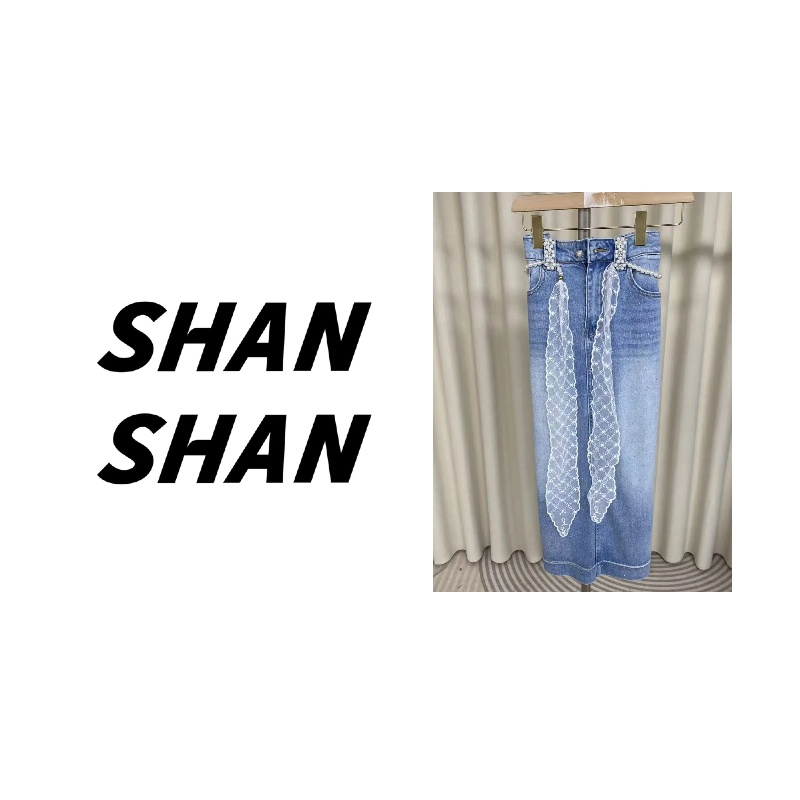 蓝色花朵珍珠蕾丝腰带牛仔半身裙