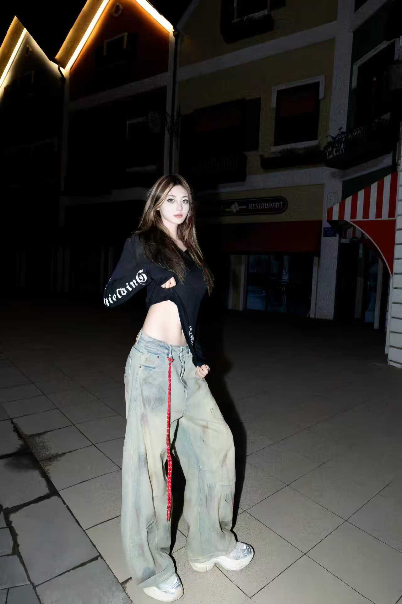 不加绒！！！【送挂绳+运费险】脏染做旧牛仔裤女设计感弯刀阔腿裤