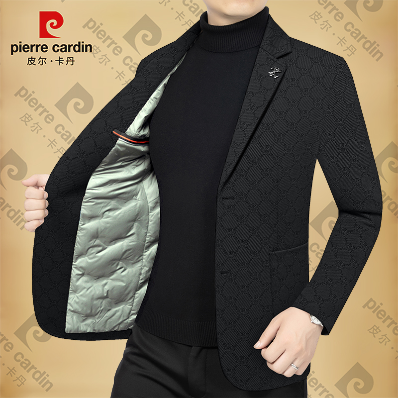 皮尔卡丹男士新款高档西服秋冬季加绒加厚西装领外套上衣时尚潮流