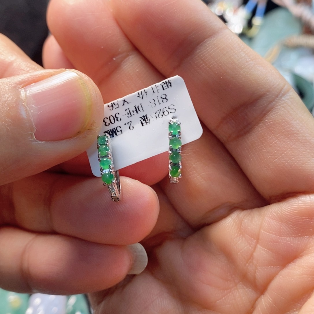 翡翠耳饰银S925镶嵌缅甸翡翠A货耳饰