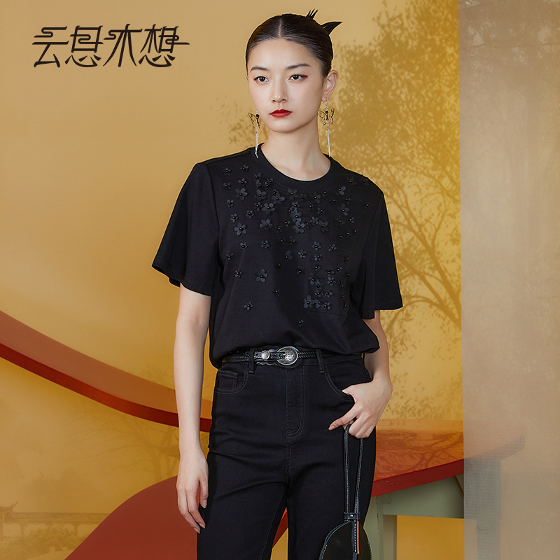 Ysimo-X云思木想新中式2024初夏新款雪纺烧花钉珠圆领T恤11464