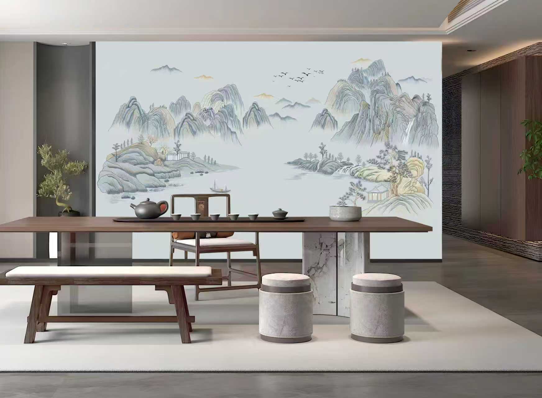 悠然山居锦绣山河主题铜雕画客厅沙发背景墙高端装饰壁画