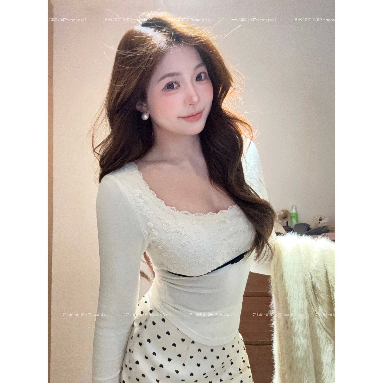 萌面侠芝士现货【心动倒影】棉质蕾丝花边上衣出游服装女6367流光风