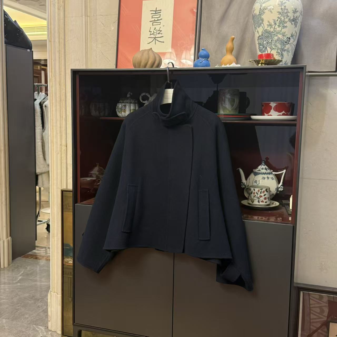 MYL 2025秋冬新品绵羊毛双面呢短外套立领藏青斗篷毛呢上衣