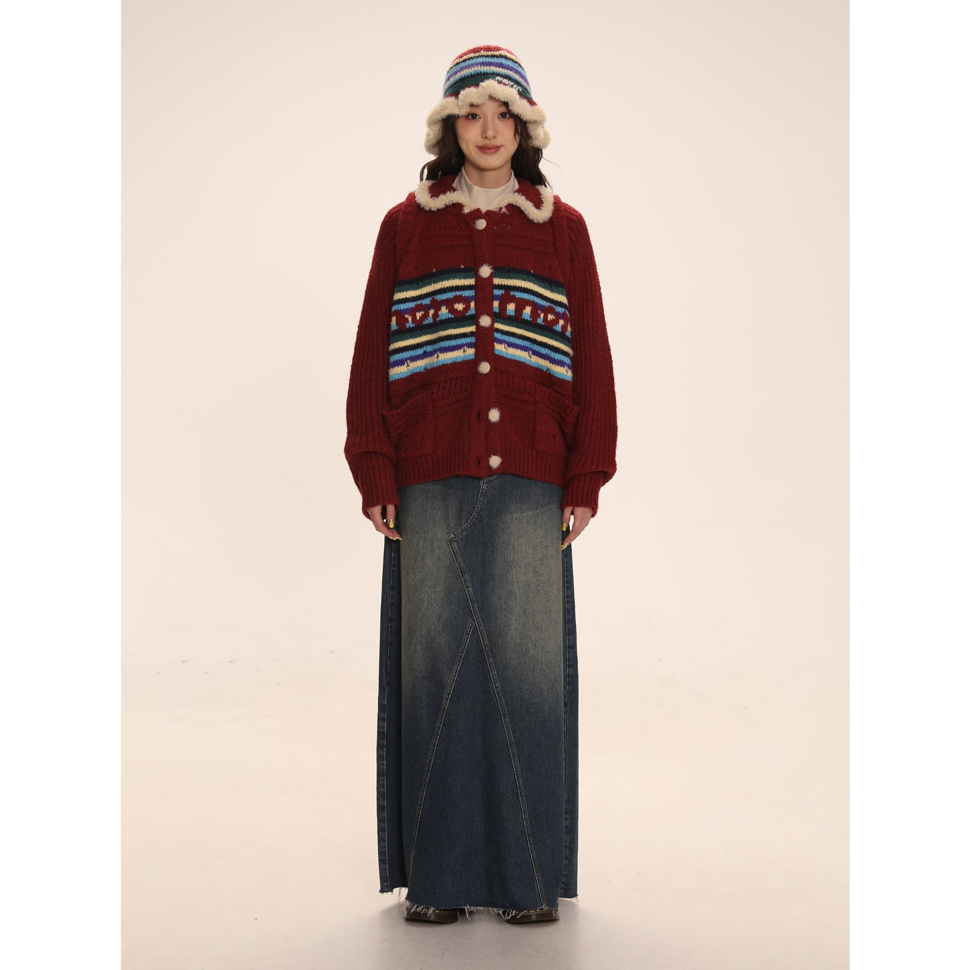 Moromoro升级版摩尔条纹复古毛衣女春季提花宽松软糯针织开衫外套