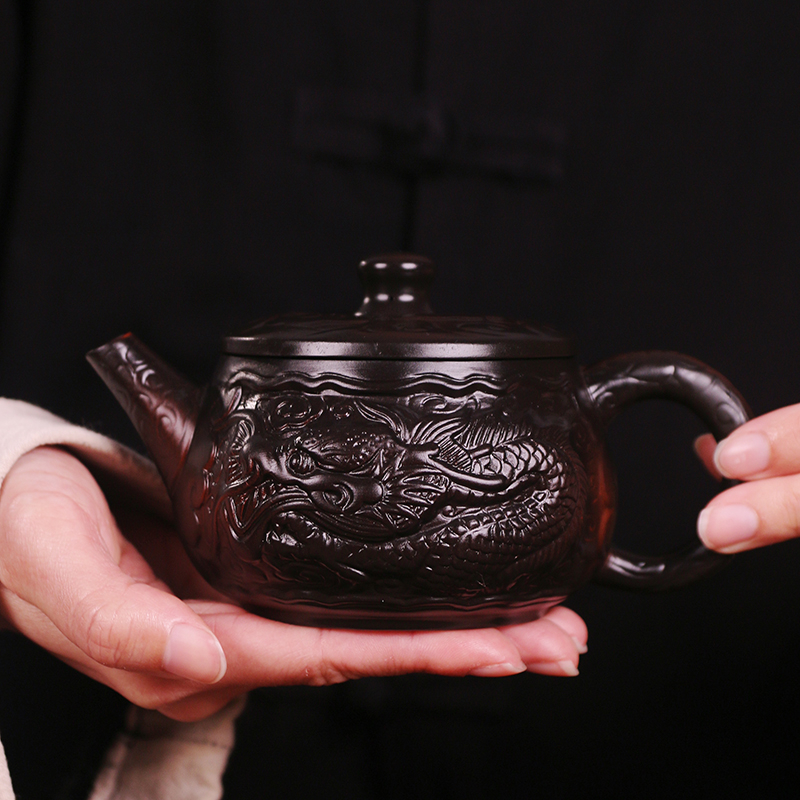 紫陶浮雕祥龙汉瓦凤鸣壶大容量中式泡茶壶复古紫砂壶C120