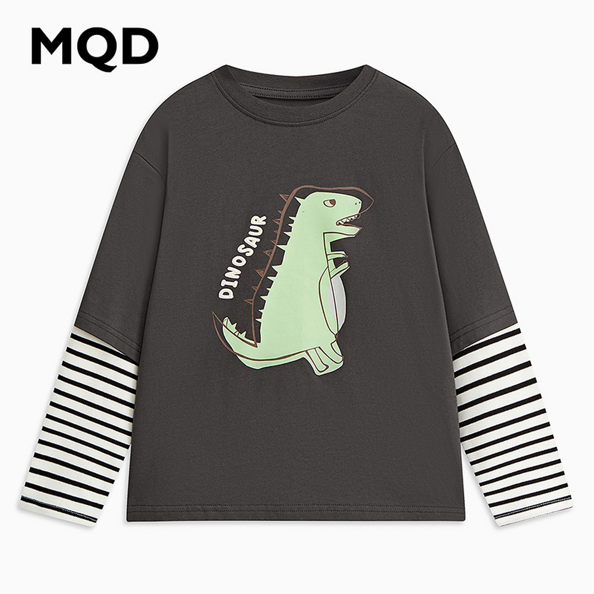 MQD童装男大童24春学院风假两件条纹拼接小恐龙圆领T恤9641W0319