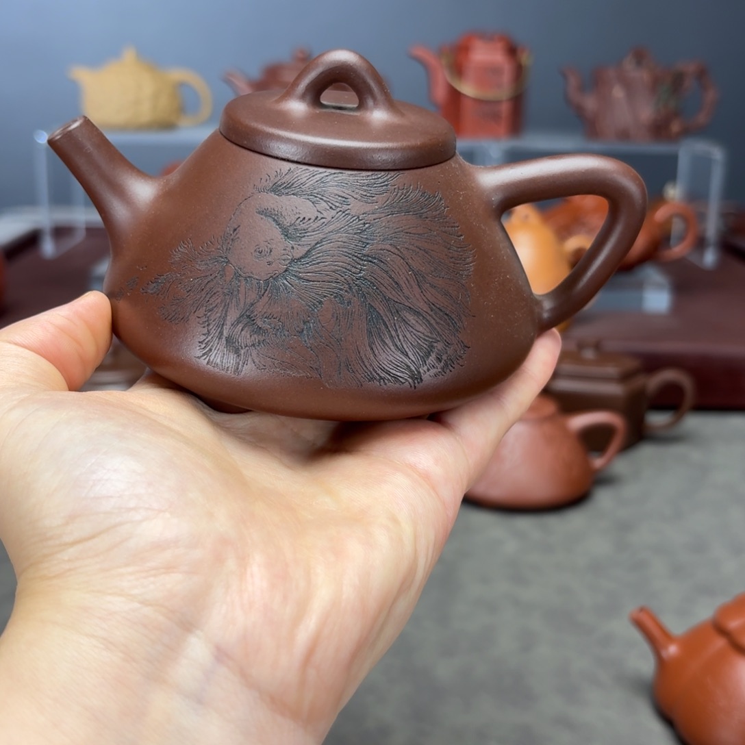 彩***田茶壶紫砂子冶石瓢270cc紫泥