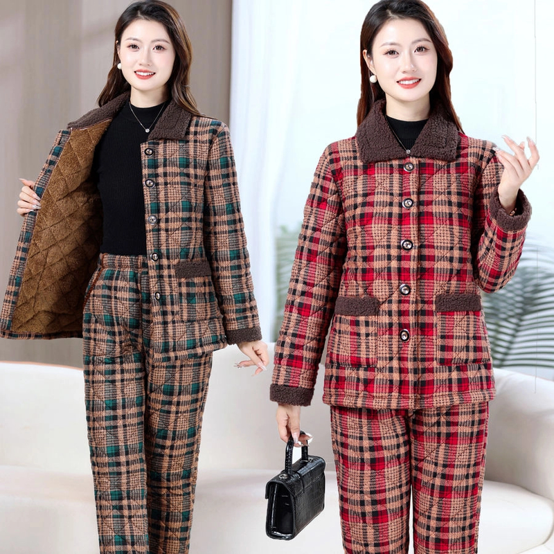 冬季妈妈装加绒棉衣棉裤套装中老年女装宽松加厚保暖棉服两件套