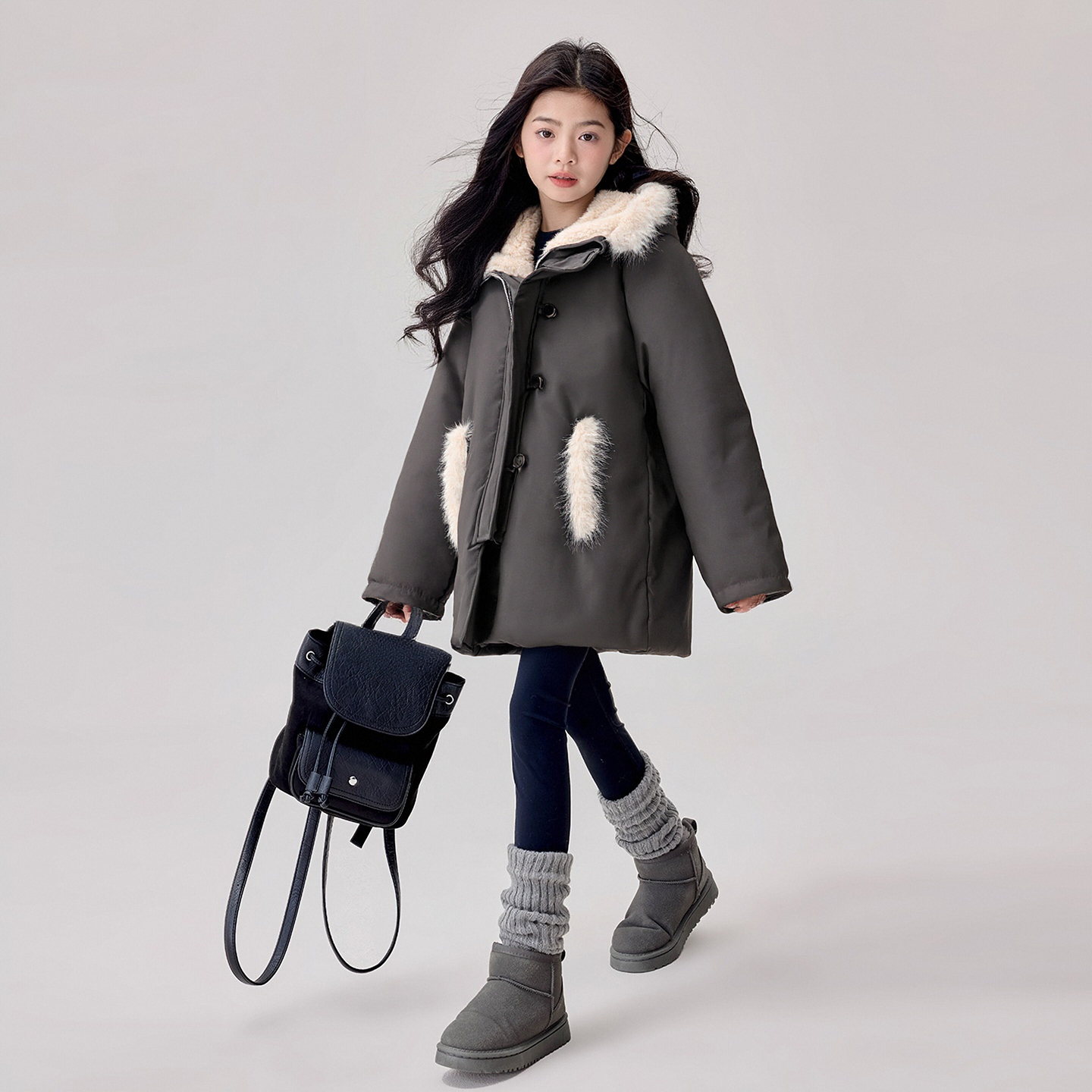 25WT238女童2025冬季新款加毛棉服青少年大童时尚冬装厚款外套