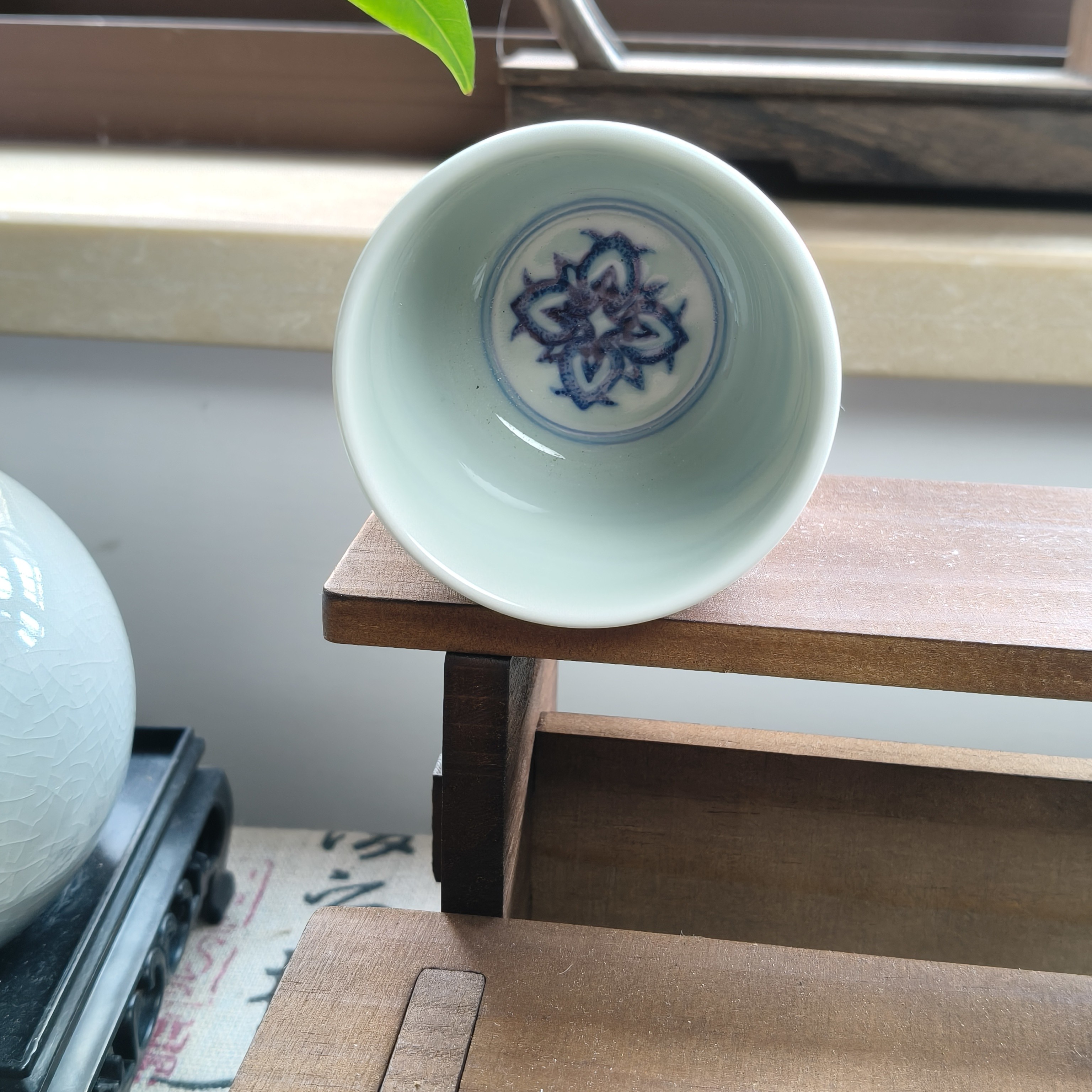 手绘柴窑青花如意竹节杯（口径6高度5.4容量70）茶杯陶瓷