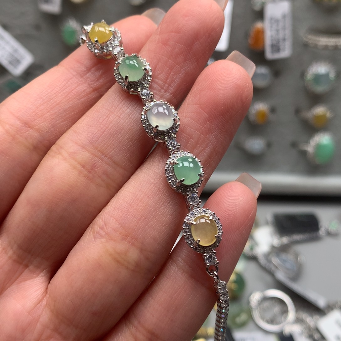 猪***肉翡翠银S925镶嵌戒指手链