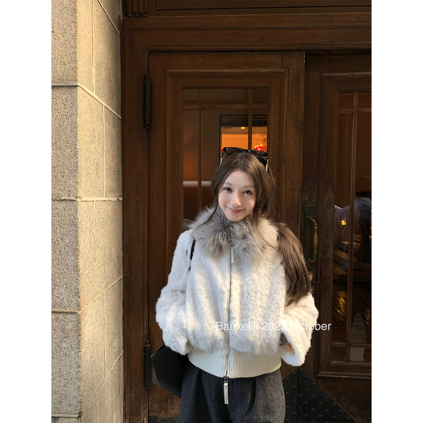 板栗可可Bankelili'暖冬咩咩'大毛领短款环葆羊羔毛保暖外套女冬