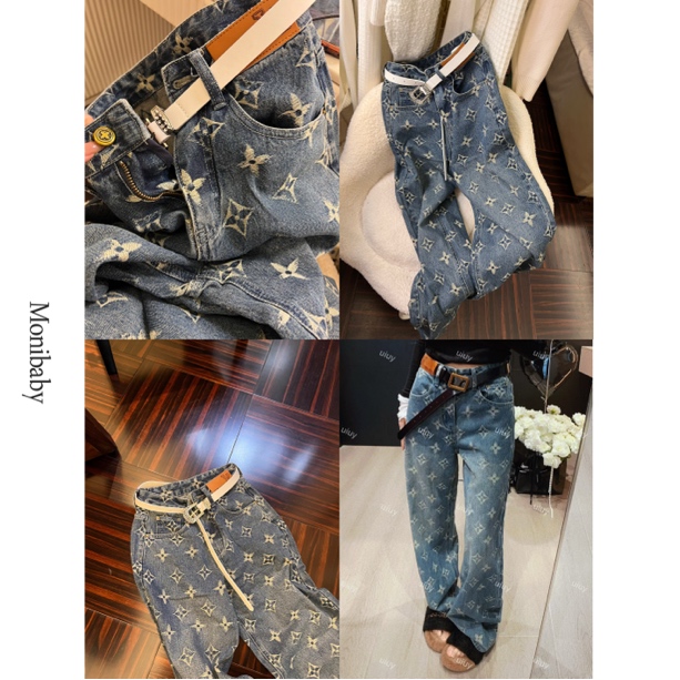 Moni【四叶花】重工水洗高腰百搭窄版提花奢牌直筒阔脚牛仔裤