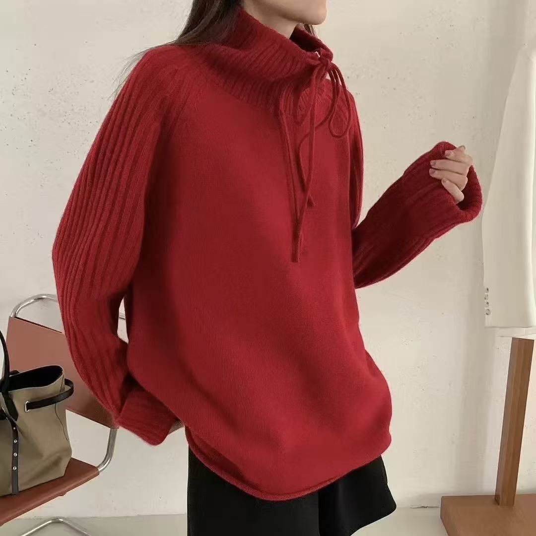 【苏茵】慵懒风加厚保暖高领半拉链坑条羊毛羊绒针织衫女中长款毛衣