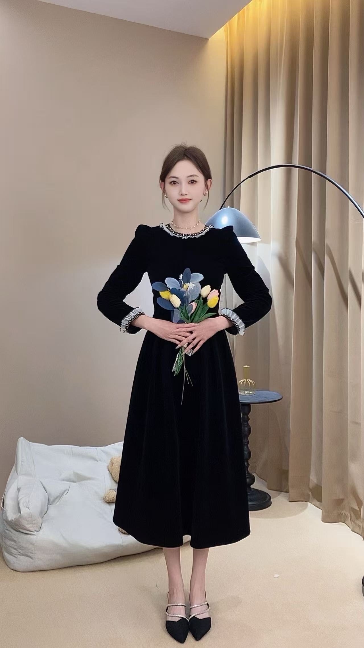 【林兮定制】法式轻奢收腰气质黑色显瘦复古连衣裙 RS2545