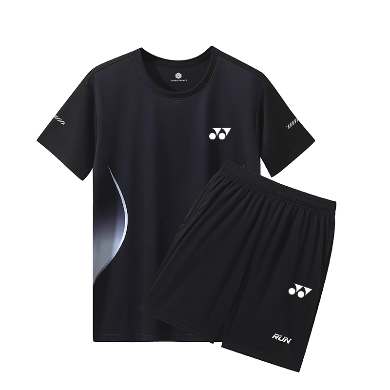YY速干运动圆领短袖短裤套装羽毛球服男女健身户外宽松跑步服T恤