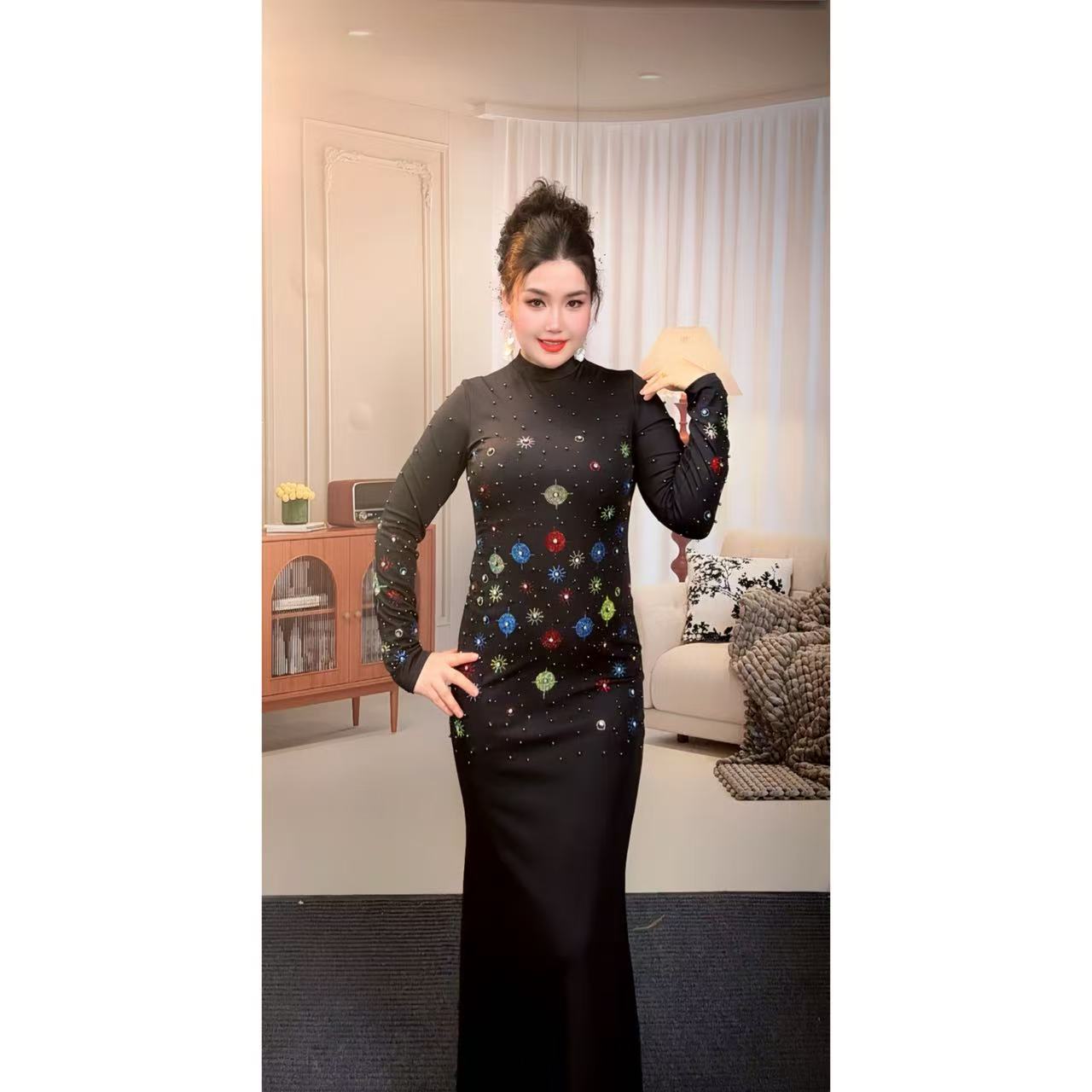 9905【娜子包邮】气质时尚彩色烫钻显瘦显瘦女装连衣裙