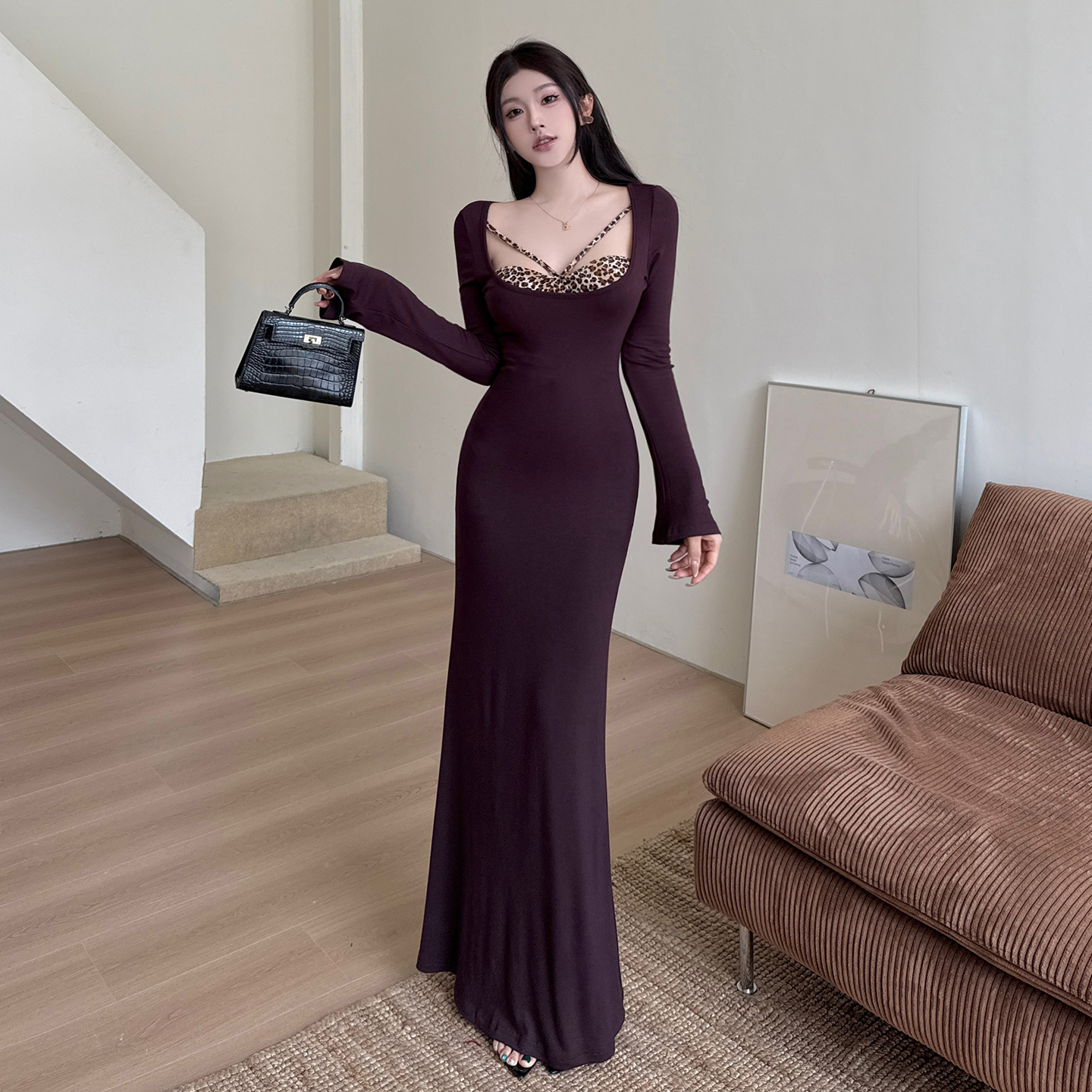 INSTUNNING纯欲设计感豹纹拼接秋冬打底连衣裙修身显身材包臀长裙