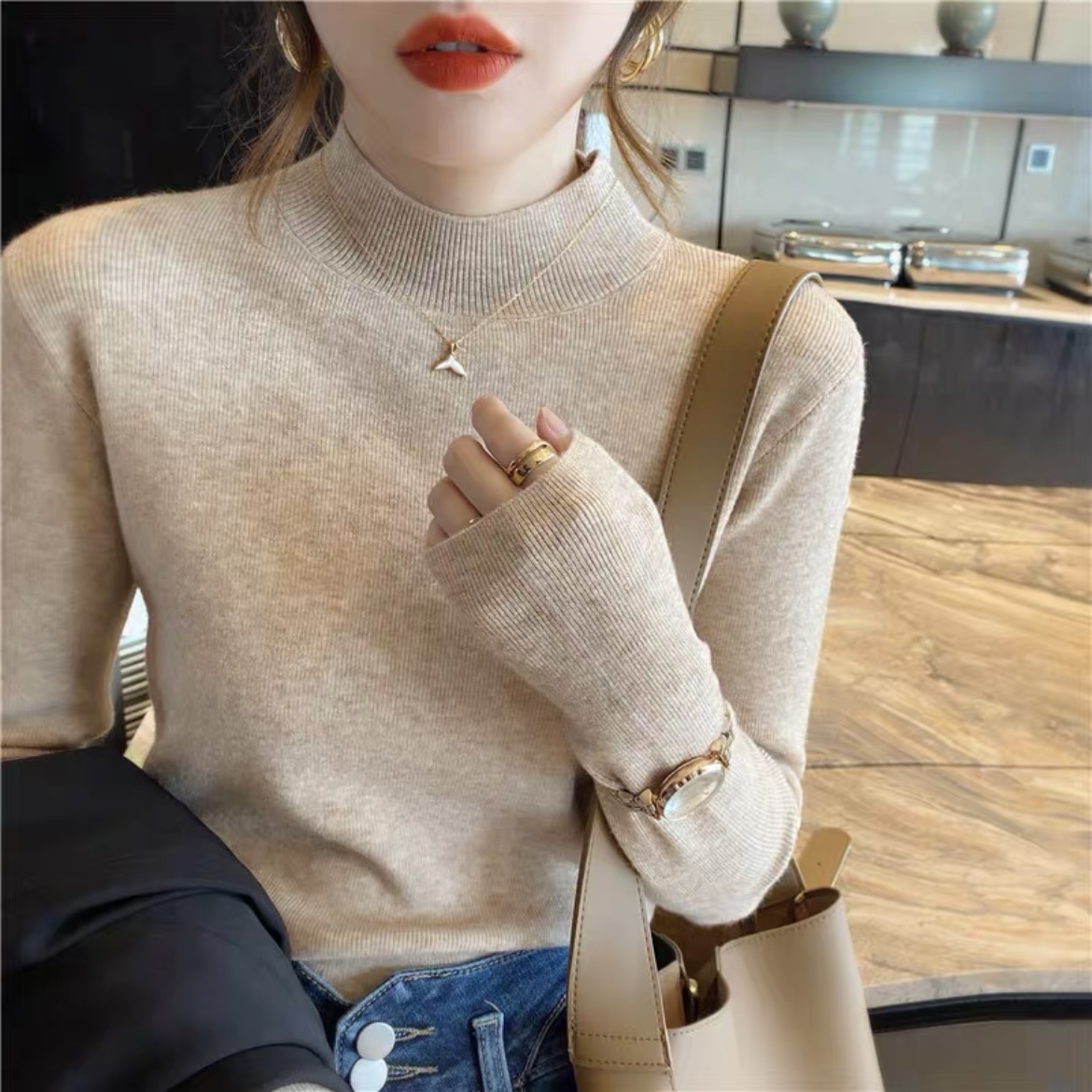 【现货发】针织打底衫女秋冬新款网红显瘦内搭半高领毛衣修身上衣78