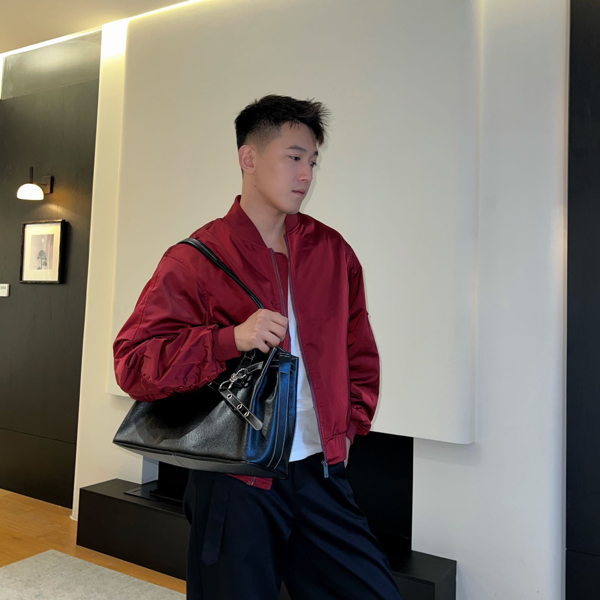 SONSUN | 安可拉红宽松拼接棒球领飞行员夹克外套|男士秋季休闲