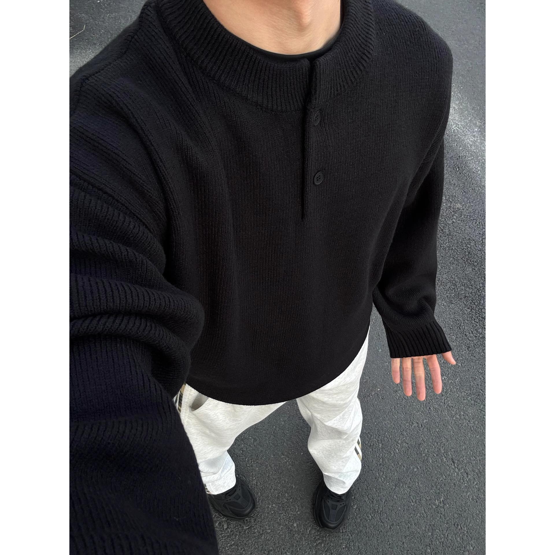 黑色亨利领毛衣男款春秋成熟稳重POLO针织打底衫慵懒风内搭毛线衣