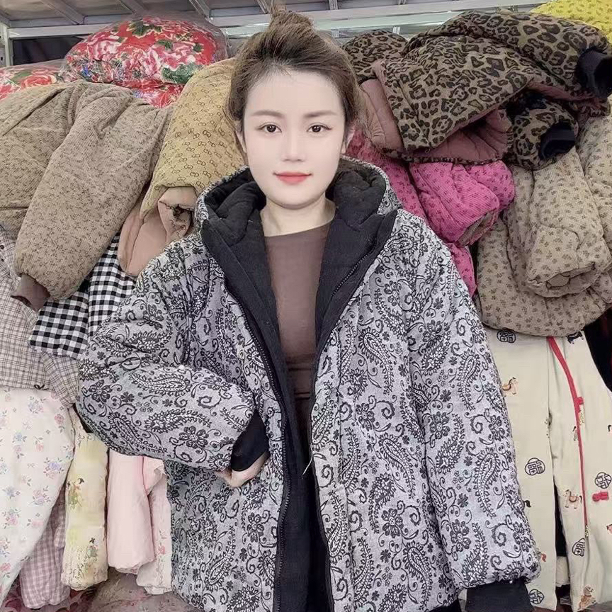 女士时尚休闲棉花连帽拉链款加厚保暖双面穿短款冬季棉服