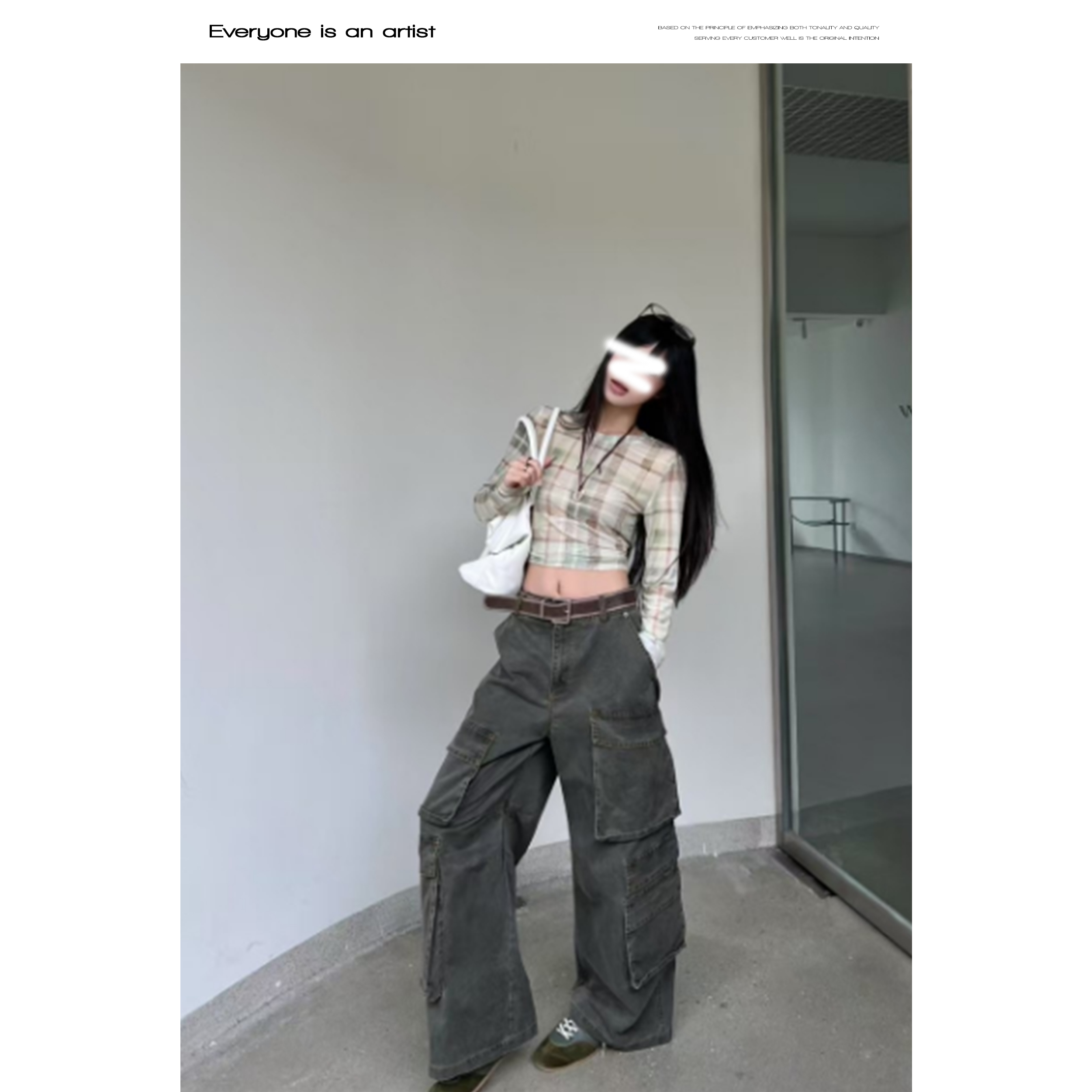 61913带腰带美式大口袋宽松阔腿九分裤工装裤春夏