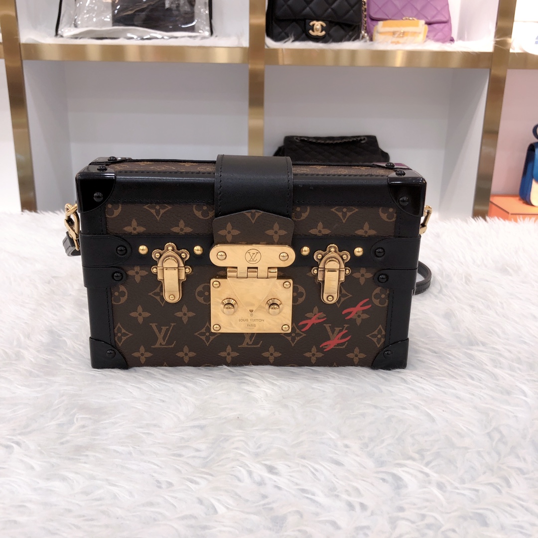 95新 LV 老花黑配皮PETITE MALLE硬盒子老花金扣