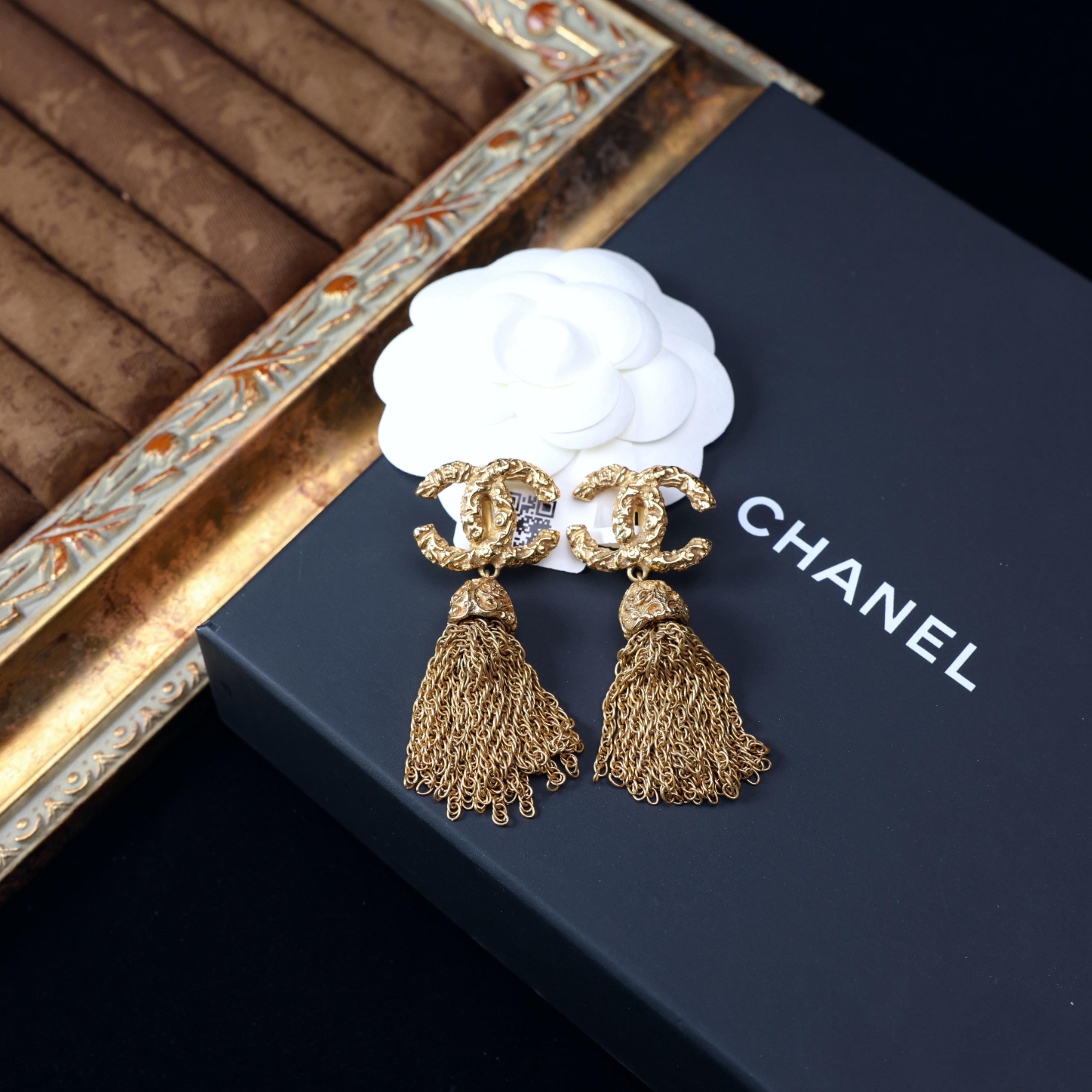 95新 Chanel/香奈儿 柚礼中古/香奈儿熔岩流苏双c耳夹cg412068