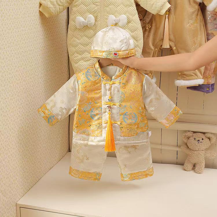 中国风长袖单排扣女秋冬爬服哈衣宝宝服装复古百天