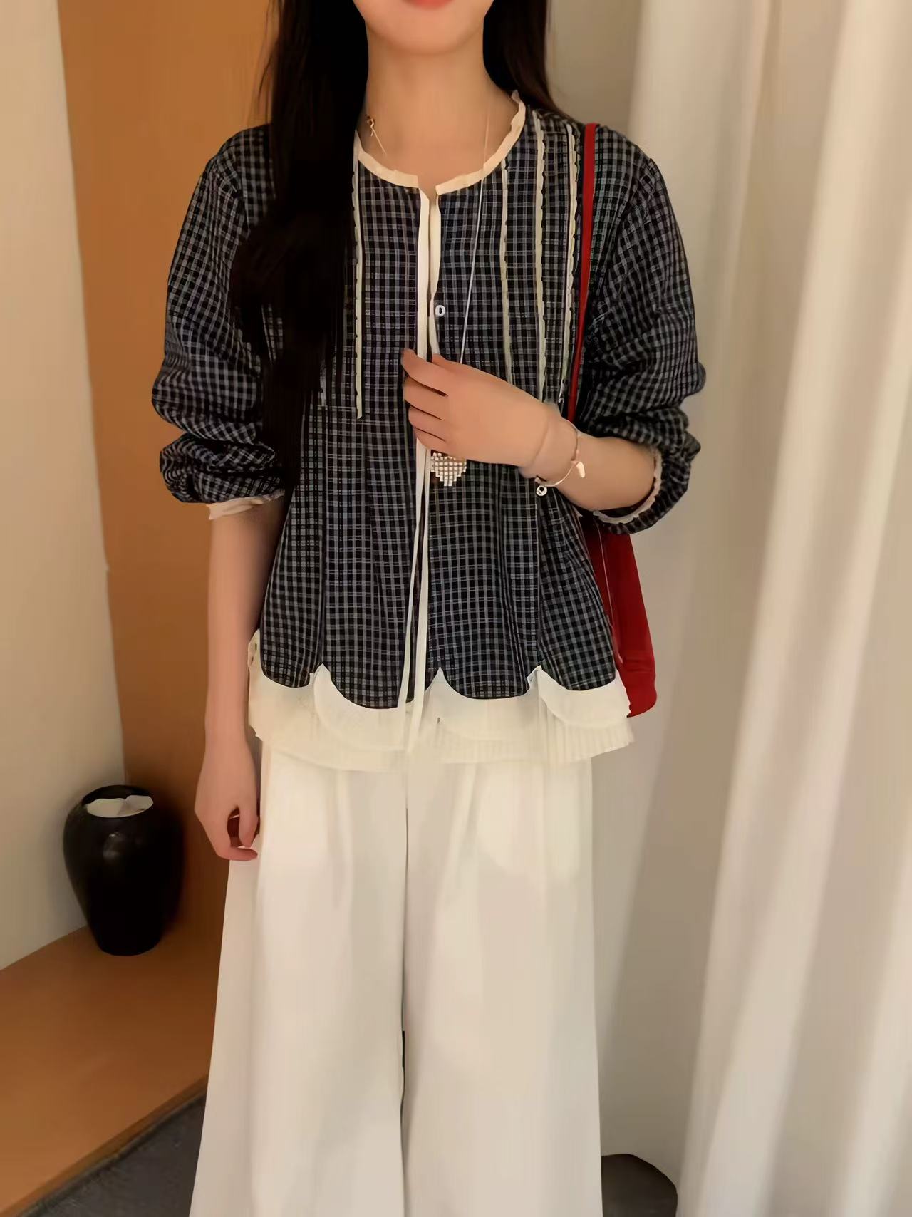 Yuanzhan/媛站薄款格纹复古褶皱秋季防晒衬衫时尚女装衬衣清