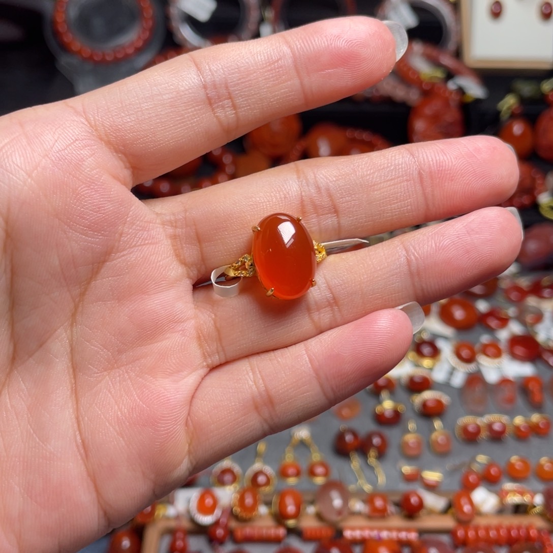 南红玛瑙银S925镶嵌原矿冰红戒指