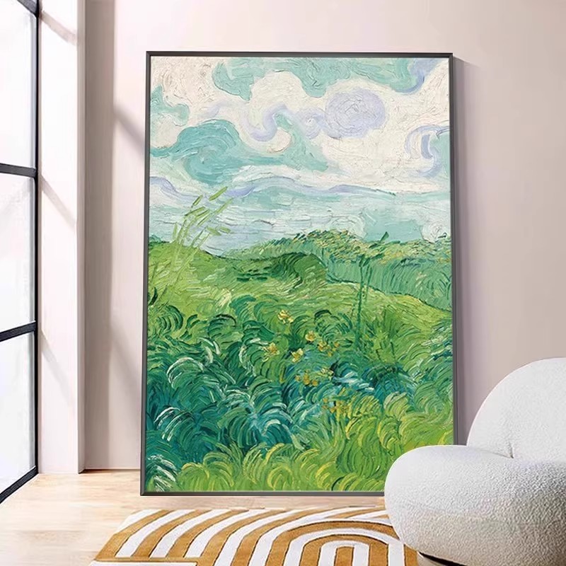 大芬村手绘梵高绿色麦田肌理油画现代简约客餐厅玄关装饰画