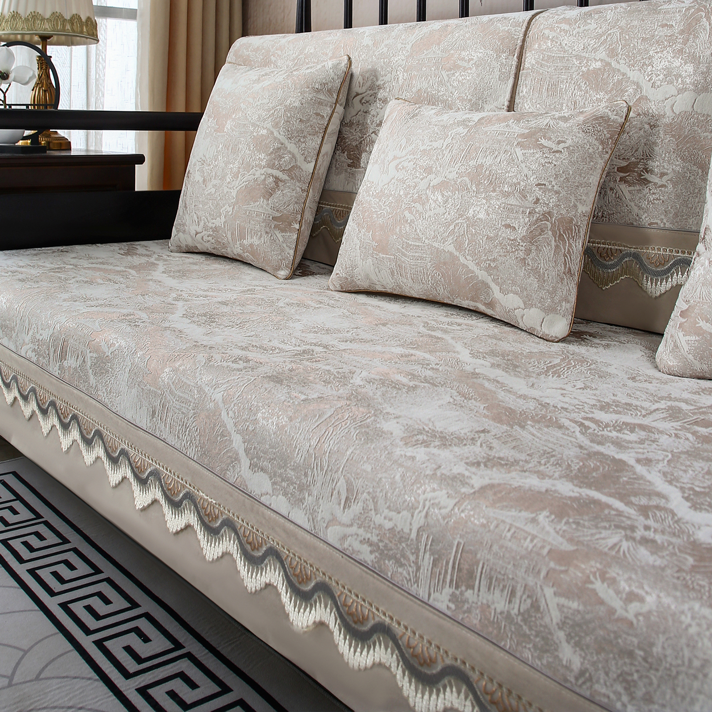 新中式沙发垫中式坐垫四季通用沙发套防滑盖布巾垫子定制寻亭入画