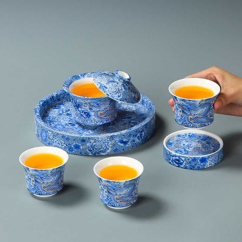 羊脂玉瓷掐丝银龙三才盖碗可悬停玩旋转功夫茶具高档礼品开业logo