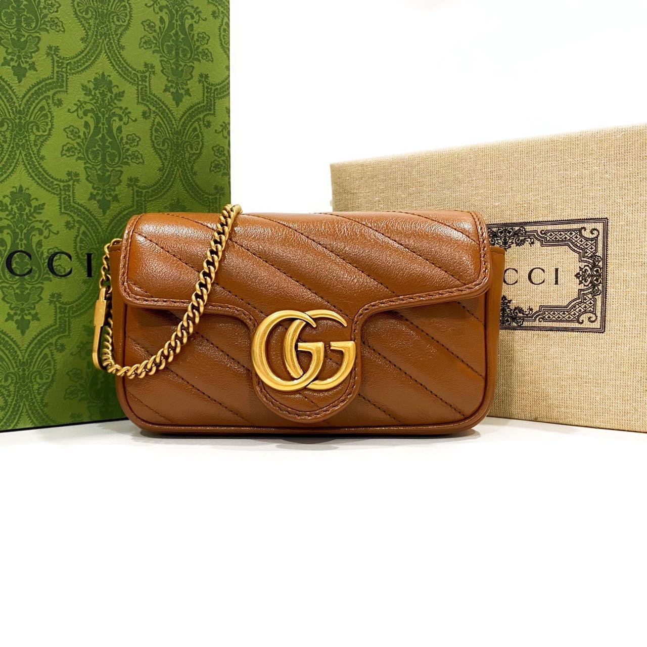 全新未使用 GUCCI/古驰 双G marmont链条包超迷你 黑/棕/白/粉