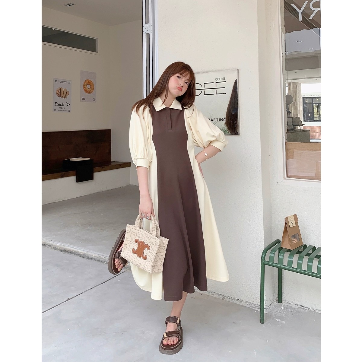 晶咕白标~显瘦奥秘~拼色灯笼袖polo连衣裙夏季时尚气质