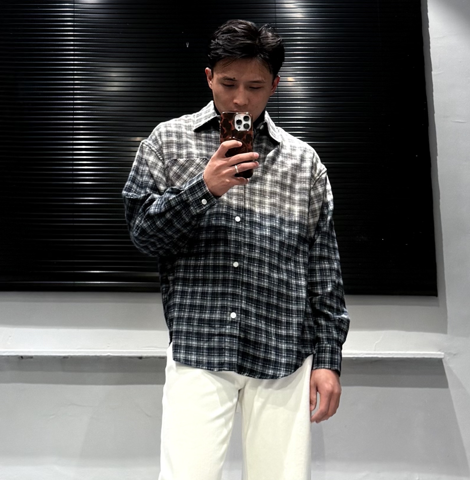 秋冬磨毛长袖渐变格子衬衫休闲衬衣男士日系