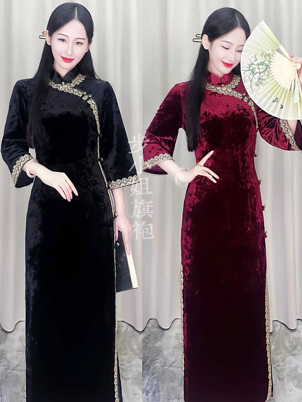 (步小姐-贵宁）黑色日常裙长125贵气中国风端庄红喜婆婆长款旗袍