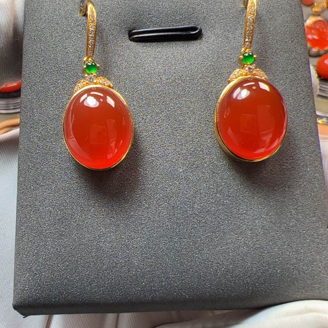 文***萍南红玛瑙18K金镶嵌耳坠原矿精品冰红耳坠
