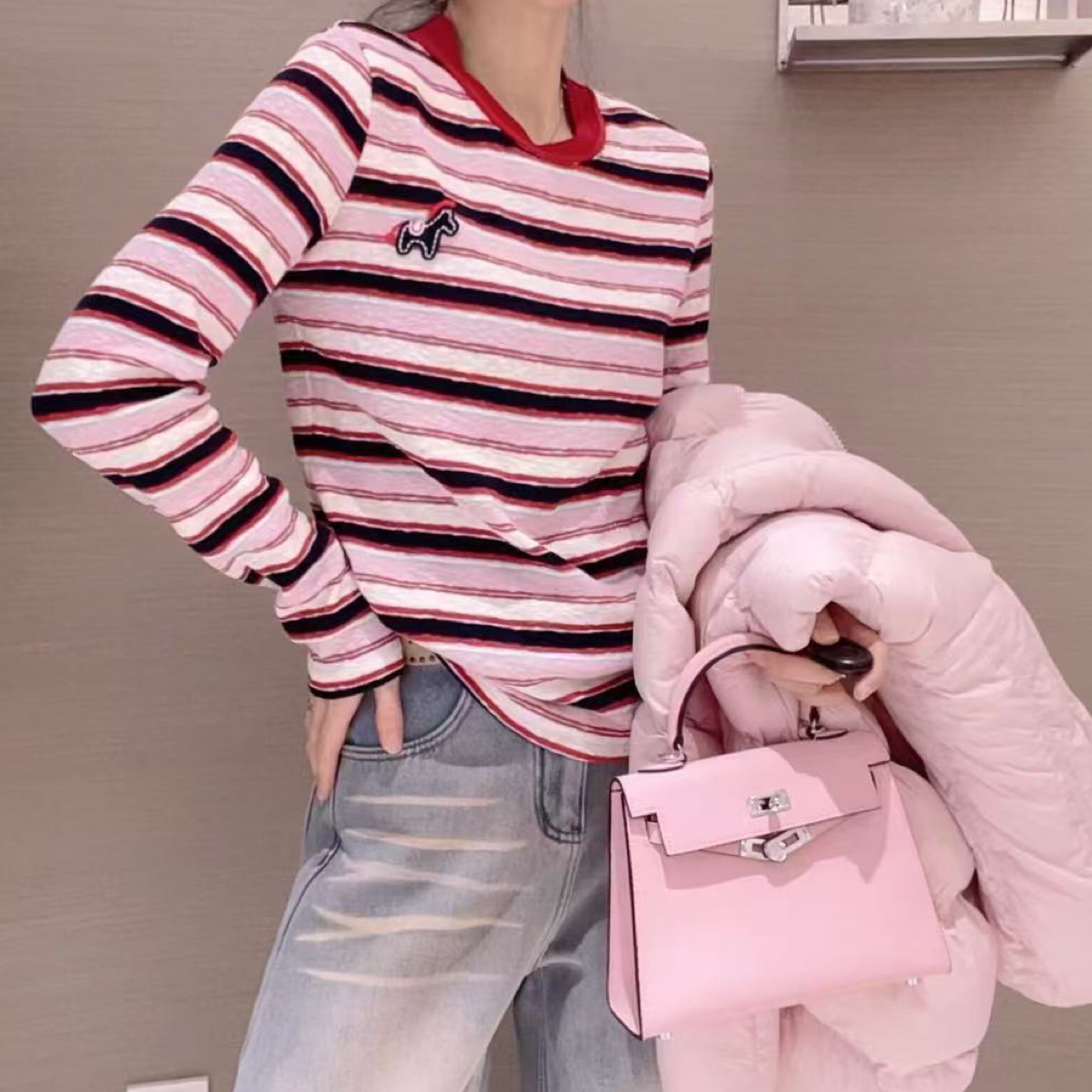 时尚条纹圆领长袖小马T恤女早春秋冬百搭休闲打底衫