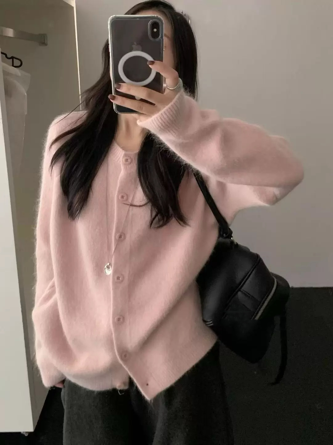 JUNXI（829#）简约圆领单排扣针织外套减龄兔毛毛衣开衫【衣长61】