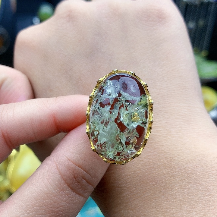 琥珀裸石银S925镶嵌戒指