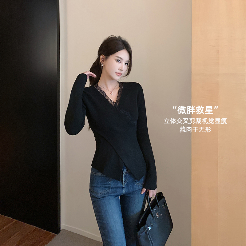 [54号 直播福利] 12/22-12/27 女秋冬上衣纯欲交叉蕾丝V领针织衫