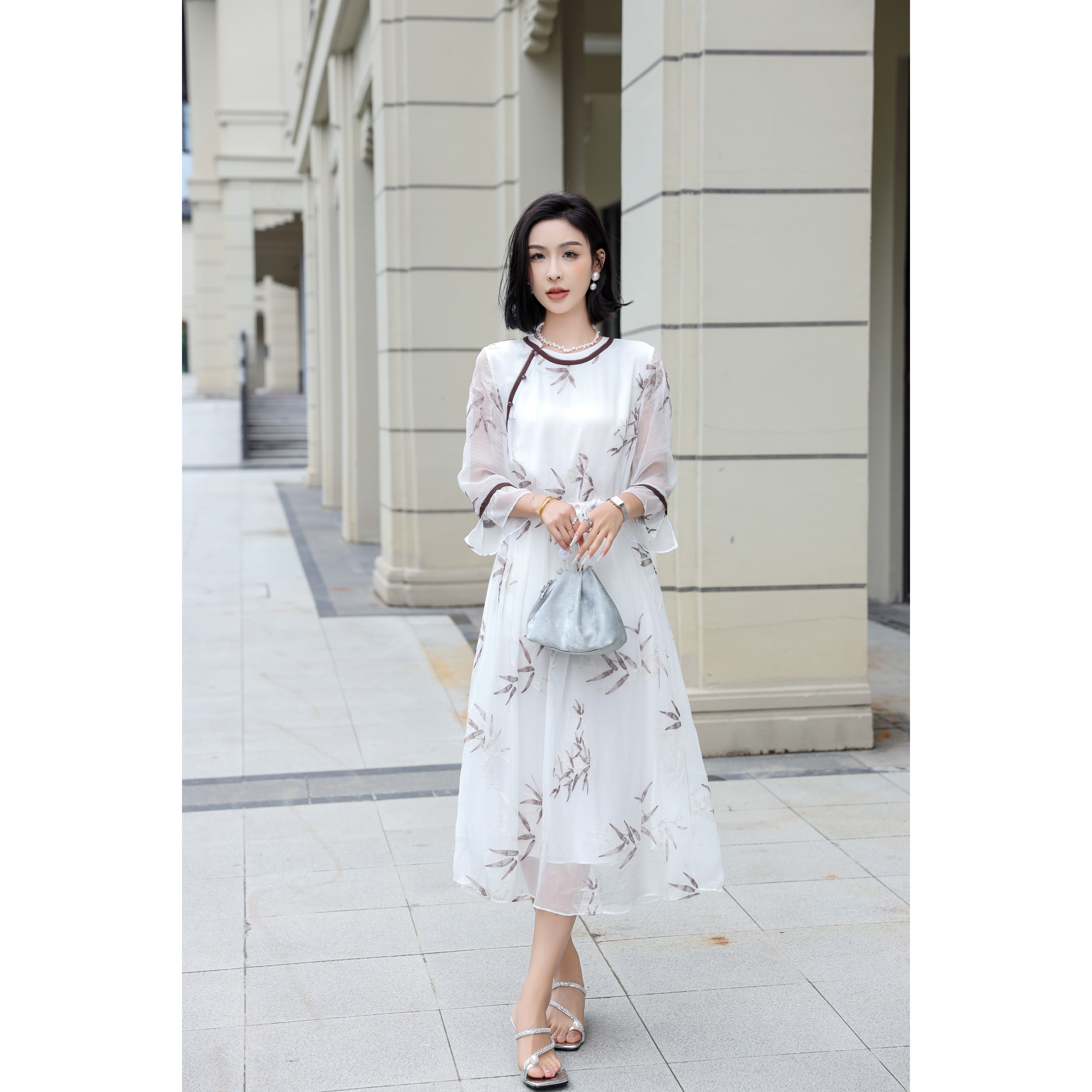 水墨晕染圆领桑蚕丝百搭春夏连衣裙A811950