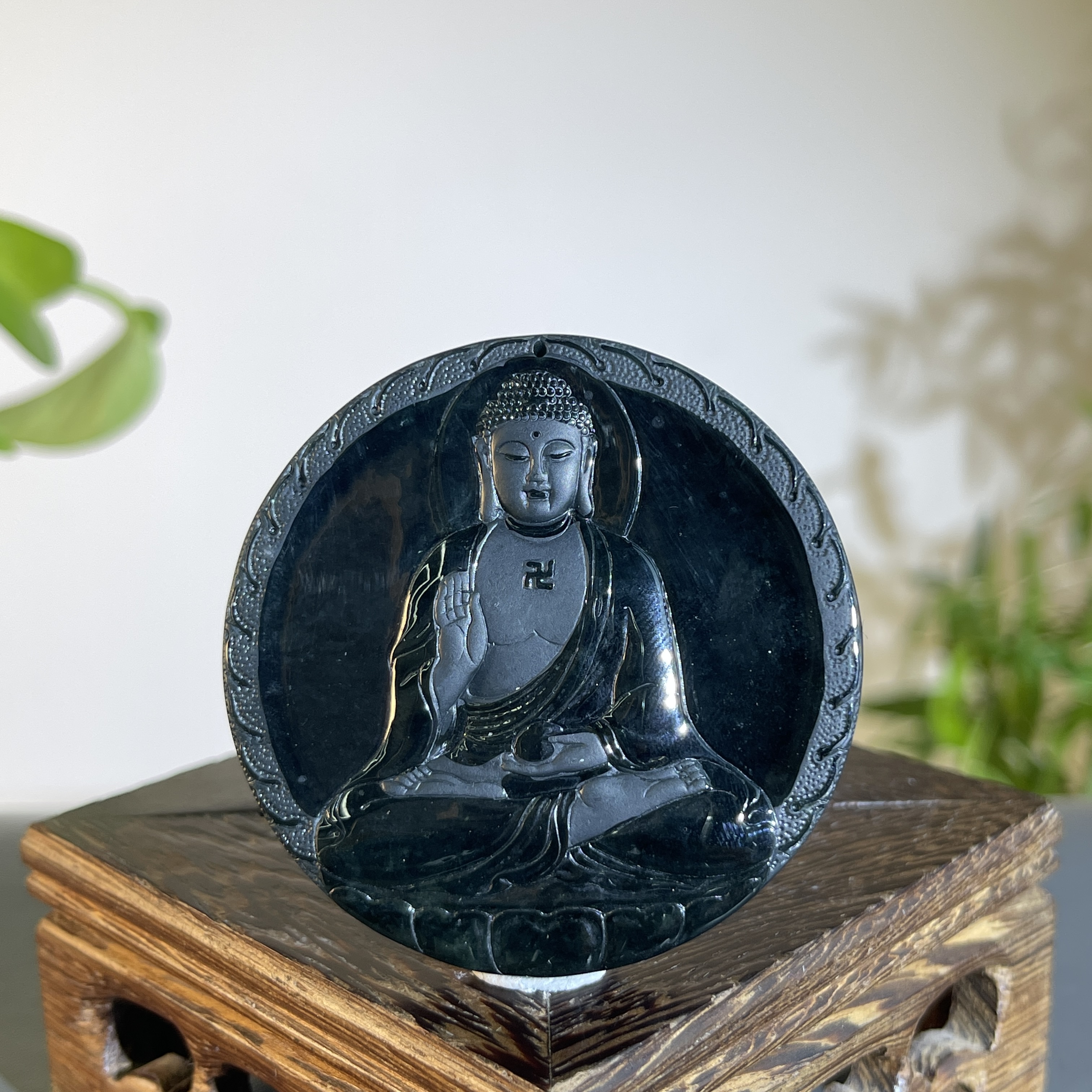 JXW19-173  黑色天然翡翠A货 黑-阿弥陀佛