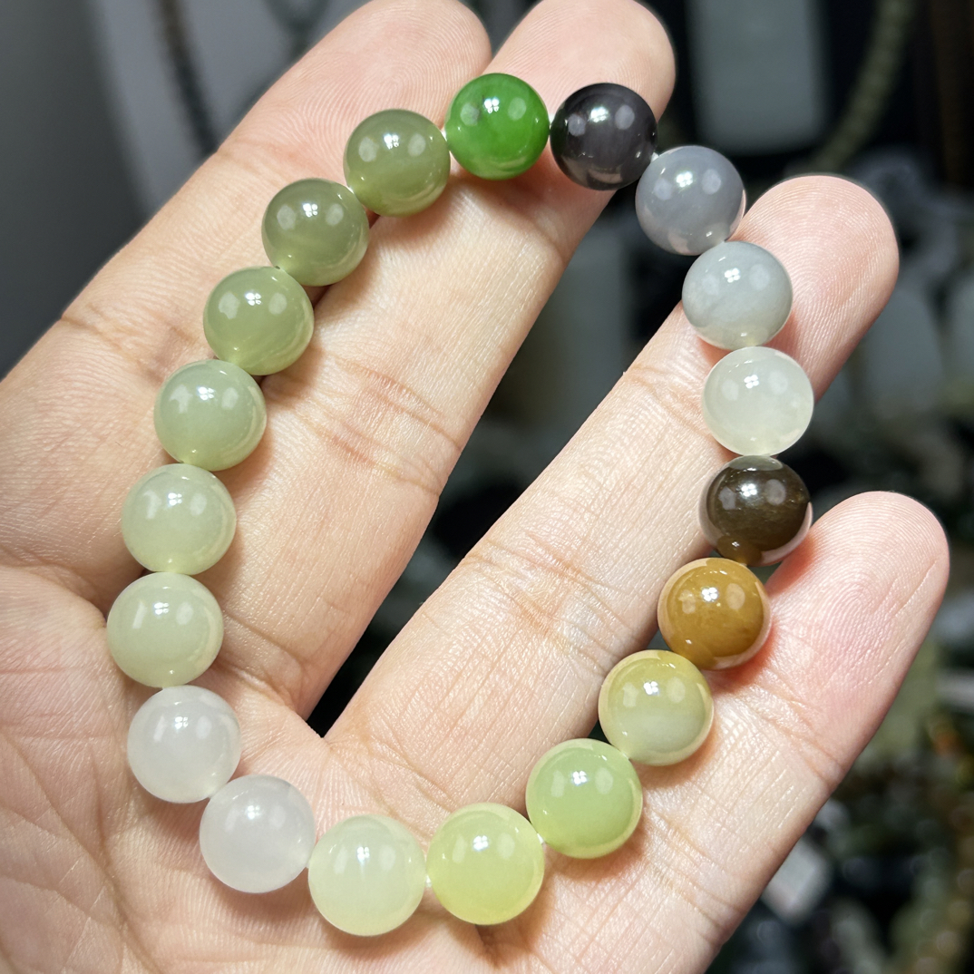 天然新疆和田玉精品青海湖水绿烟紫白玉碧玉多宝卡10mm圆珠手串