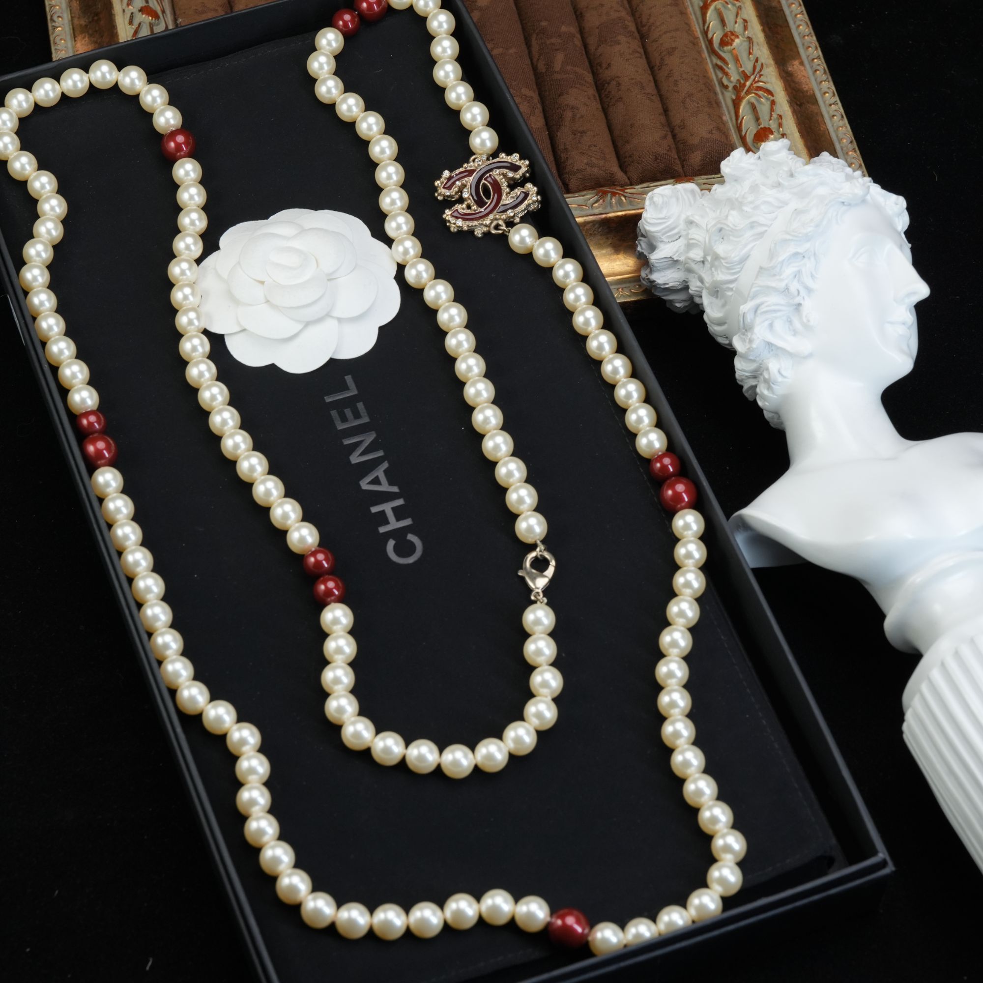 95新 Chanel/香奈儿 柚礼/香奈儿红色珐琅双c珍珠项链ll511220